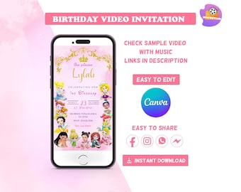 May include: A smartphone displays a pink birthday video invitation. The invitation features princess illustrations, the name "Lylah," and event details. Text includes "Birthday Video Invitation," "Easy to Edit," and "Instant Download."
