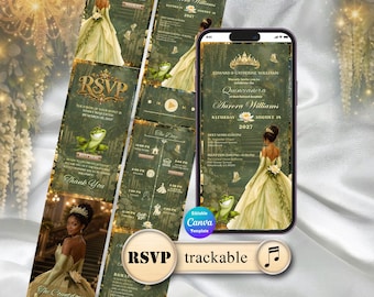 May include: A digital invitation template for a Quinceañera displayed on a smartphone screen and printed cards. The design features a dark green forest theme with a gold crown, a green frog, and a person in a yellow gown. Text includes RSVP, event details, and the name Aurora Williams.