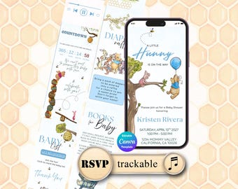 May include: A digital baby shower invitation template featuring Winnie the Pooh characters, including Pooh holding a blue balloon and Piglet on a tree branch. The design includes text such as A Little Hunny Is On The Way, Kristen Rivera, and event details, displayed on a smartphone screen alongside vertical layout panels.