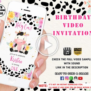 Video de invitación de cumpleaños de la vaca santa, invitación de la fiesta de la vaquera, primer cumpleaños de la niña, invitación del cumpleaños de la vaquera de la vaca floral Moo Moo invitación de la vaquera