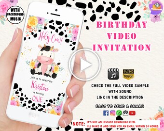 Può includere: Un invito video di compleanno digitale con una mucca dei cartoni animati e fiori. Il testo recita "Holy Cow!" e "Unisciti a noi per festeggiare Kristen che compie UN ANNO".