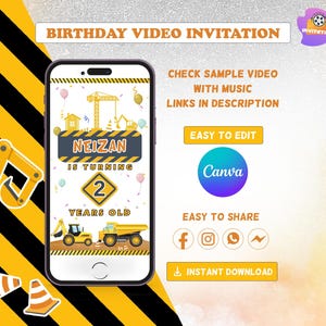 Construction Birthday Invitation | Builder Theme Party Invite | Dump Truck | Editable Canva Template | Digital Download image 1
