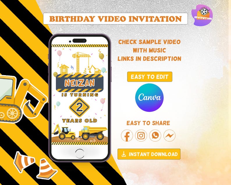 Construction Birthday Invitation | Builder Theme Party Invite | Dump Truck | Editable Canva Template | Digital Download image 1