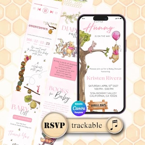May include: A digital baby shower invitation template featuring Winnie the Pooh characters, including Pooh holding a pink balloon and Piglet on a tree branch. The design includes text details for Kristen Rivera, date, time, location, and a Google Maps link.