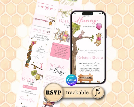 Winnie The Pooh Baby Shower Website with RSVP | Girl Digital Invitation Template | Trackable RSVP Baby Shower | Teddy Bear
