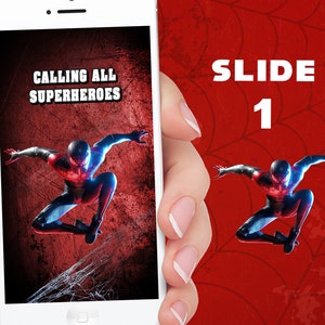 K&ouml;nnte beinhalten: Ein Smartphone zeigt eine Grafik eines Superhelden mit dem Text "CALLING ALL SUPERHEROES". Das Bild hat ein rot-schwarzes Farbschema mit einer dynamischen Pose eines Superhelden. Der Text "SLIDE 1" ist ebenfalls sichtbar.