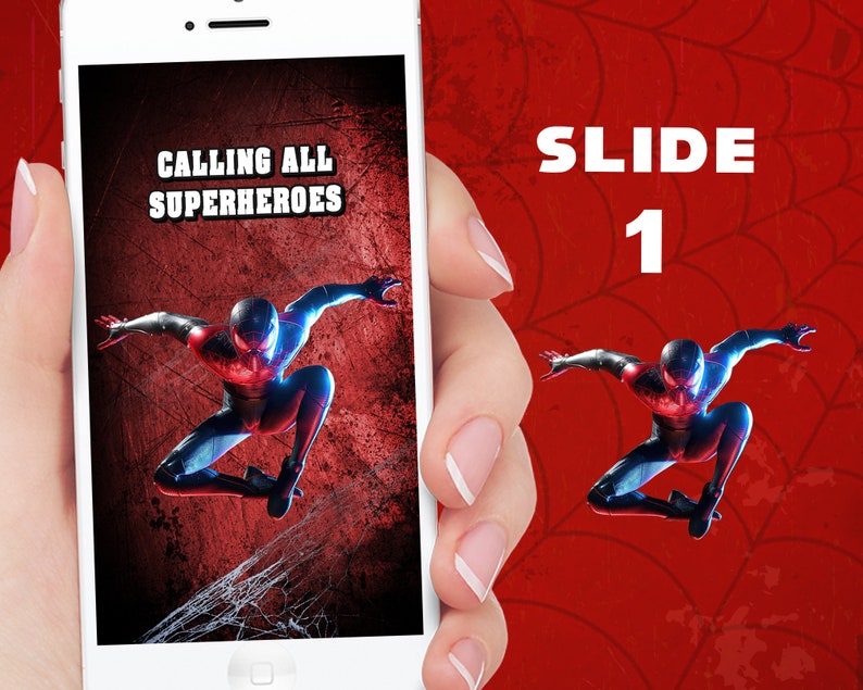 K&ouml;nnte beinhalten: Ein Smartphone zeigt eine Grafik eines Superhelden mit dem Text "CALLING ALL SUPERHEROES". Das Bild hat ein rot-schwarzes Farbschema mit einer dynamischen Pose eines Superhelden. Der Text "SLIDE 1" ist ebenfalls sichtbar.