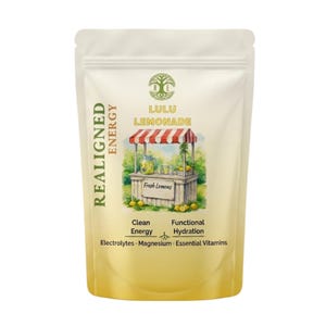 May include: A white pouch with the text "REALIGNED ENERGY" and "LULU LEMONADE". The pouch features an illustration of a lemonade stand with lemons. Additional text includes "Clean Energy", "Functional Hydration", "Electrolytes", "Magnesium", and "Essential Vitamins".