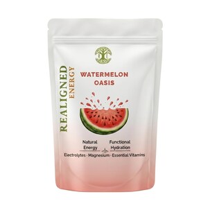 May include: White and pink pouch with the text "REALIGNED ENERGY" and "WATERMELON OASIS". A watermelon slice graphic is featured. The pouch also lists "Natural Energy", "Functional Hydration", "Electrolytes", "Magnesium", and "Essential Vitamins".