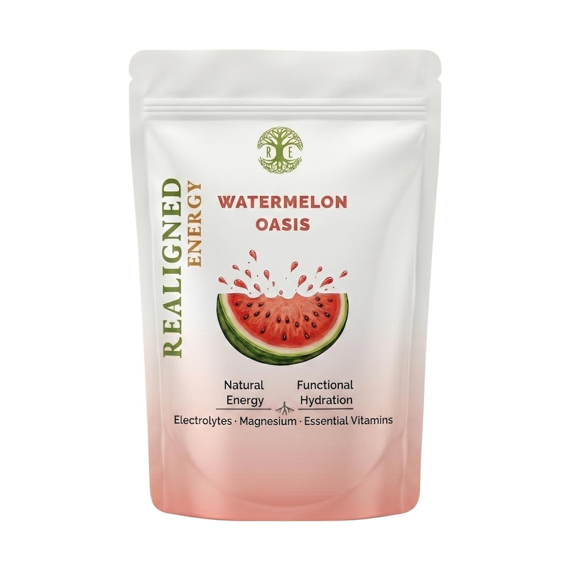 May include: White and pink pouch with the text "REALIGNED ENERGY" and "WATERMELON OASIS". A watermelon slice graphic is featured. The pouch also lists "Natural Energy", "Functional Hydration", "Electrolytes", "Magnesium", and "Essential Vitamins".