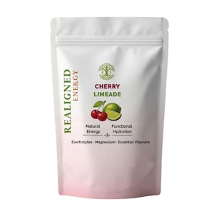 May include: White pouch with the text "REALIGNED ENERGY" in green and "CHERRY LIMEADE" in red and green. The pouch features illustrations of cherries and a lime, with text indicating natural energy and functional hydration.