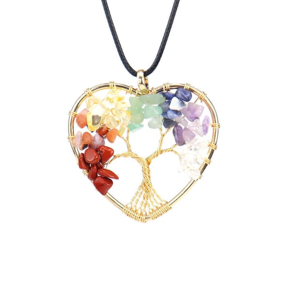 Crystal Tree of Life Heart Shaped Necklace | chakras Natural Gemstone Necklace