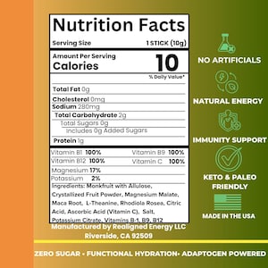 May include: A nutrition facts label for a single-serving stick (10g) of a product. The label lists nutritional information, including 10 calories, 0g total fat, and 2g total carbohydrates. It also highlights the product's benefits: no artificials, natural energy, and immunity support.