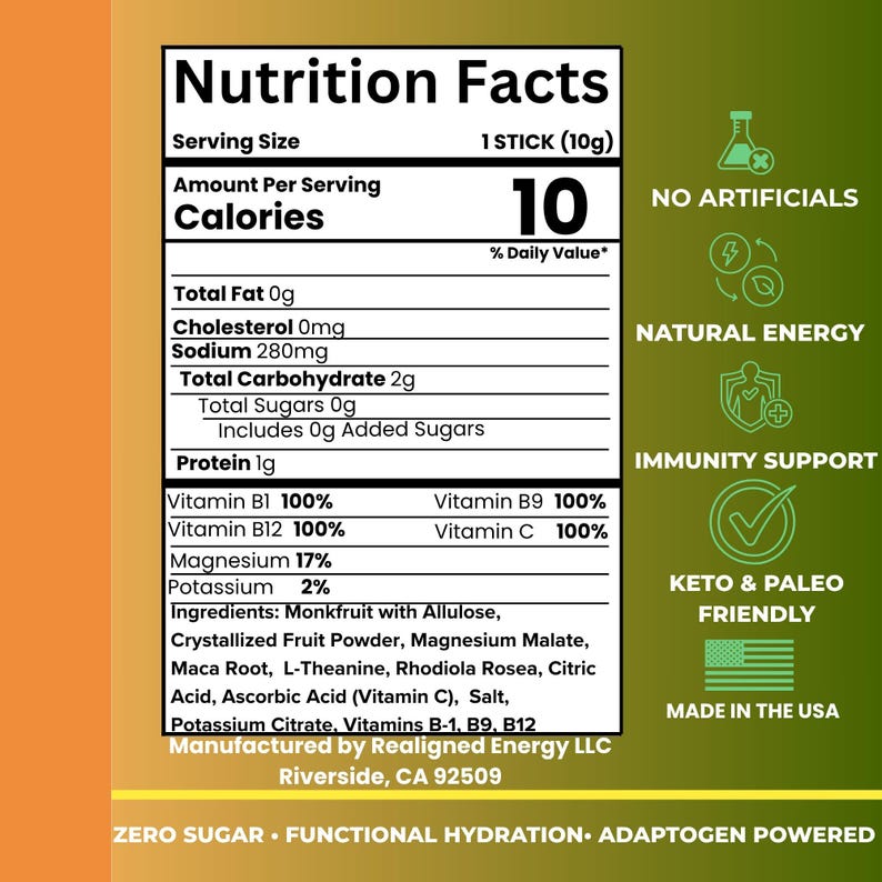 May include: A nutrition facts label for a single-serving stick (10g) of a product. The label lists nutritional information, including 10 calories, 0g total fat, and 2g total carbohydrates. It also highlights the product's benefits: no artificials, natural energy, and immunity support.