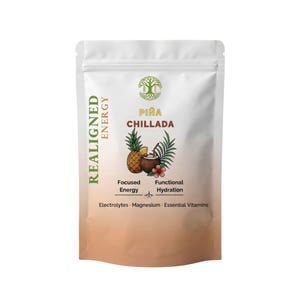May include: A white pouch with the words "REALIGNED ENERGY" and "PI&Ntilde;A CHILLADA" printed on it. The pouch features a pineapple, coconut, and flower graphic. The text "Focused Energy" and "Functional Hydration" are also visible.