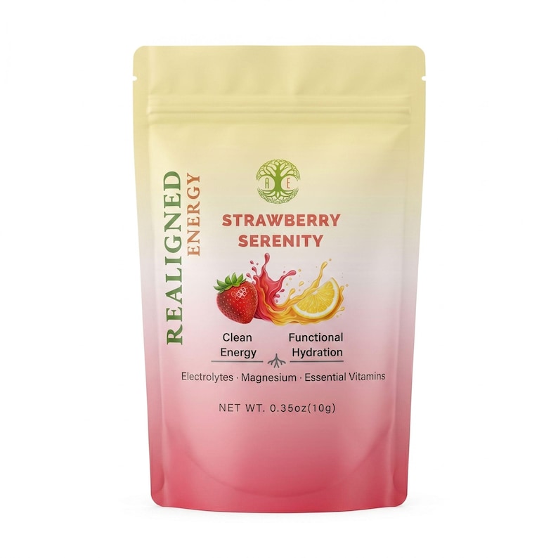 May include: A packet of Strawberry Serenity energy powder. The package is a gradient of pink and yellow with the words "REALIGNED ENERGY" and "STRAWBERRY SERENITY". The package also says "Clean Energy" and "Functional Hydration". The net weight is 0.35oz (10g).