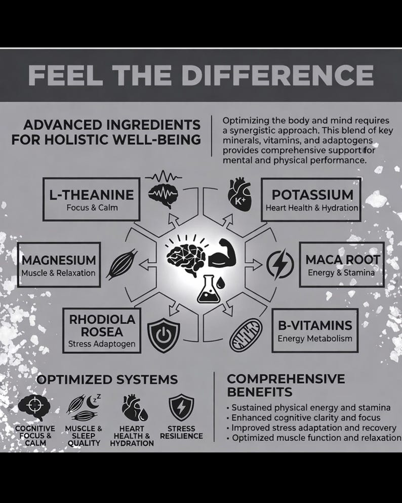 May include: A graphic with the text "FEEL THE DIFFERENCE" and information on holistic well-being. It lists advanced ingredients like L-Theanine, Magnesium, and Rhodiola Rosea, with benefits such as cognitive focus, muscle relaxation, and stress resilience.