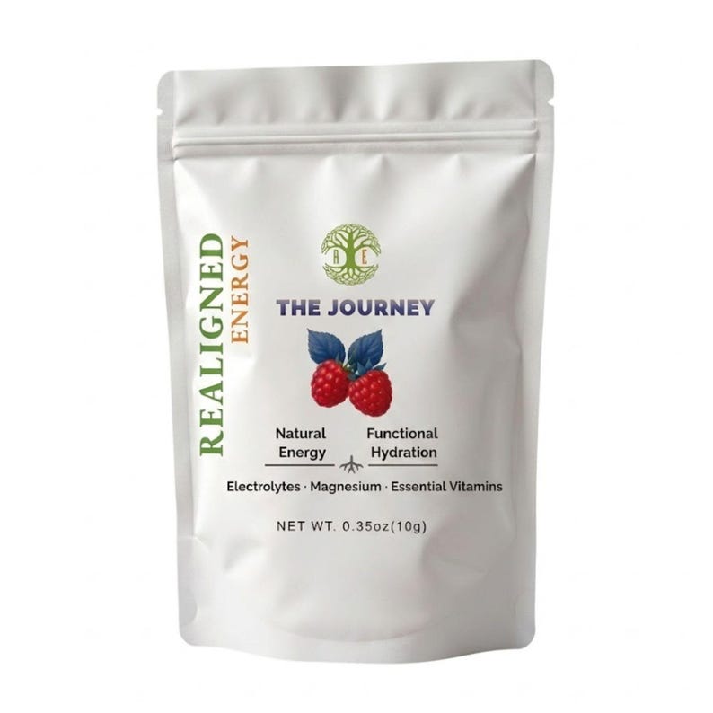 May include: A white pouch with the text "REALIGNED ENERGY" and "THE JOURNEY". The pouch features a graphic of raspberries and leaves. It lists "Natural Energy" and "Functional Hydration". Net weight is 0.35oz (10g).