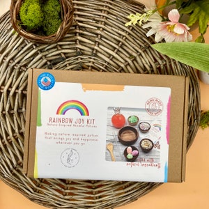 Puede incluir: Una caja de cart&oacute;n con un dise&ntilde;o de arco&iacute;ris y el texto "Rainbow Joy Kit" en la parte delantera. La caja contiene un conjunto de ingredientes naturales para hacer pociones conscientes. El texto "Made in USA" est&aacute; en la caja.