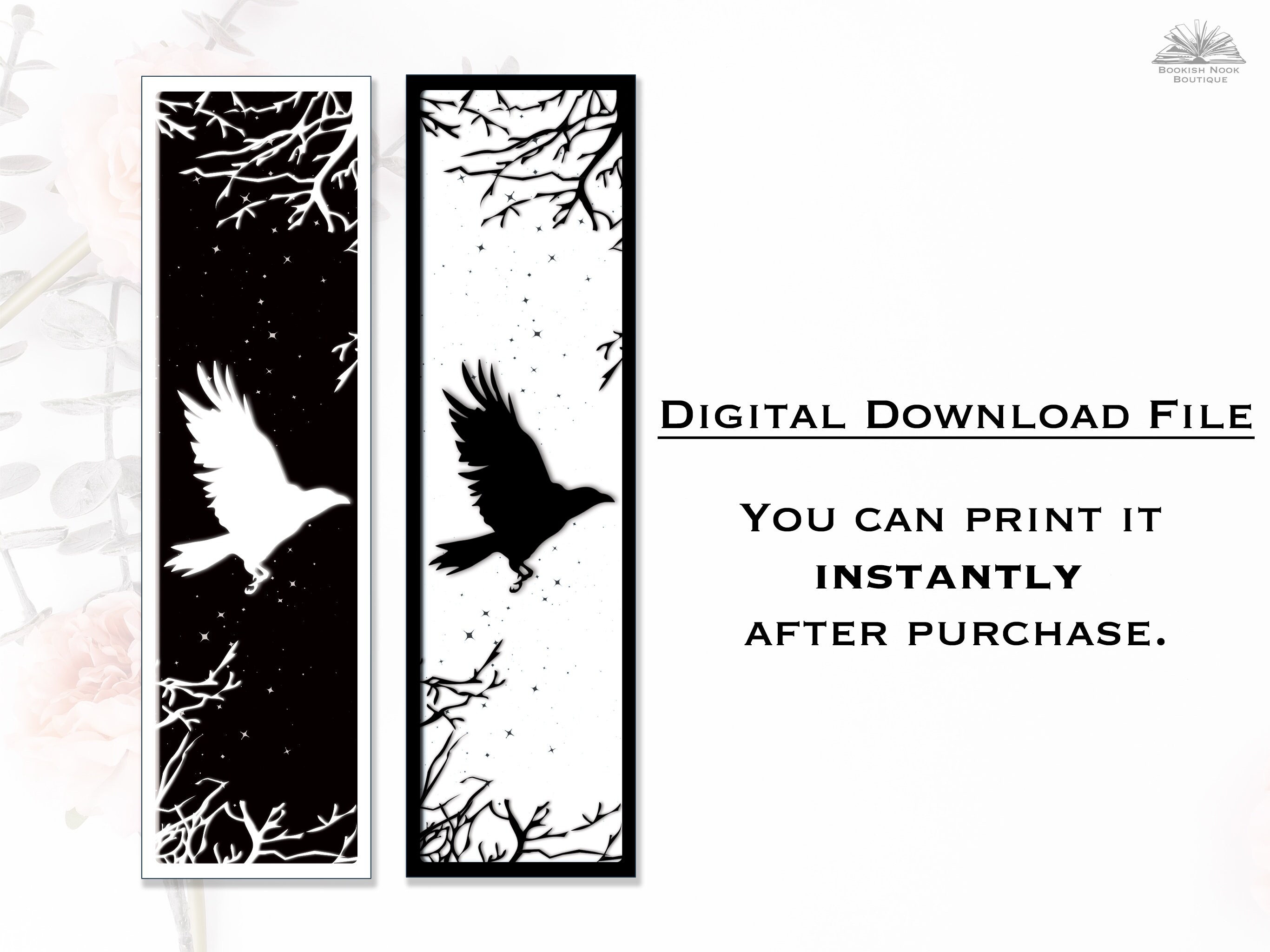 Printable Crow Bookmark Set for Reader Gift, Raven Black & White ...