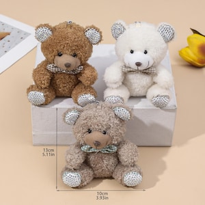 Plush Teddy Bear Keychain | Cute Stuffed Animal Bag Charm with Rhinestone Ears & Paws | Soft Toy Keyring | Gift for Kids, Friends, Her