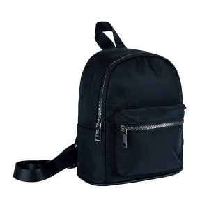 May include: A black nylon backpack with a zippered front pocket and adjustable straps.