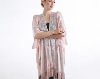 Elegant Sequin Shawl Wrap with Fringe | Evening Shawl, Wedding Wrap, Formal Cover Up