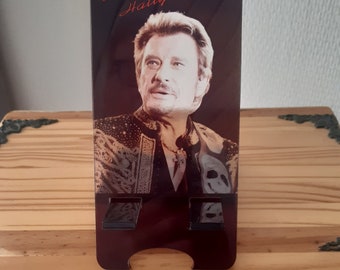 Johnny Hallyday support smartphone personnalisé, gravure sur plexiglass.