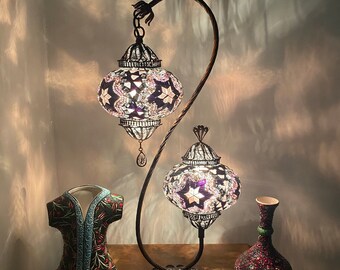 Double Shade Violet Mosaik Türkisch Filigree Tischlampe | Auch in Candy Rot, Multi Color Oriental und Blau