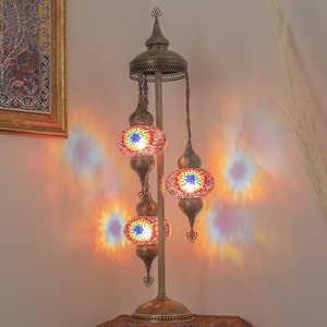 Three-Globe Turkish Mosaic Floor Lamp with Sun Pattern | Moroccan Lamp, Bohemian Decor, Standing Corner Lamp, Ambience Lighting