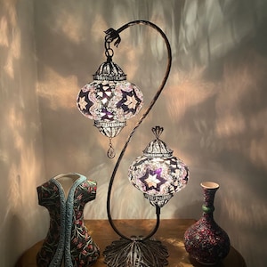 Double Shade Violet Mosaic Turkish Filigree Table Lamp | Also in Candy Red, Multi Color Oriental and Blue