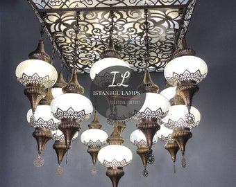 Turkish\Moroccan Milk Glass Chandelier | Living room Kitchen Lighting Decor