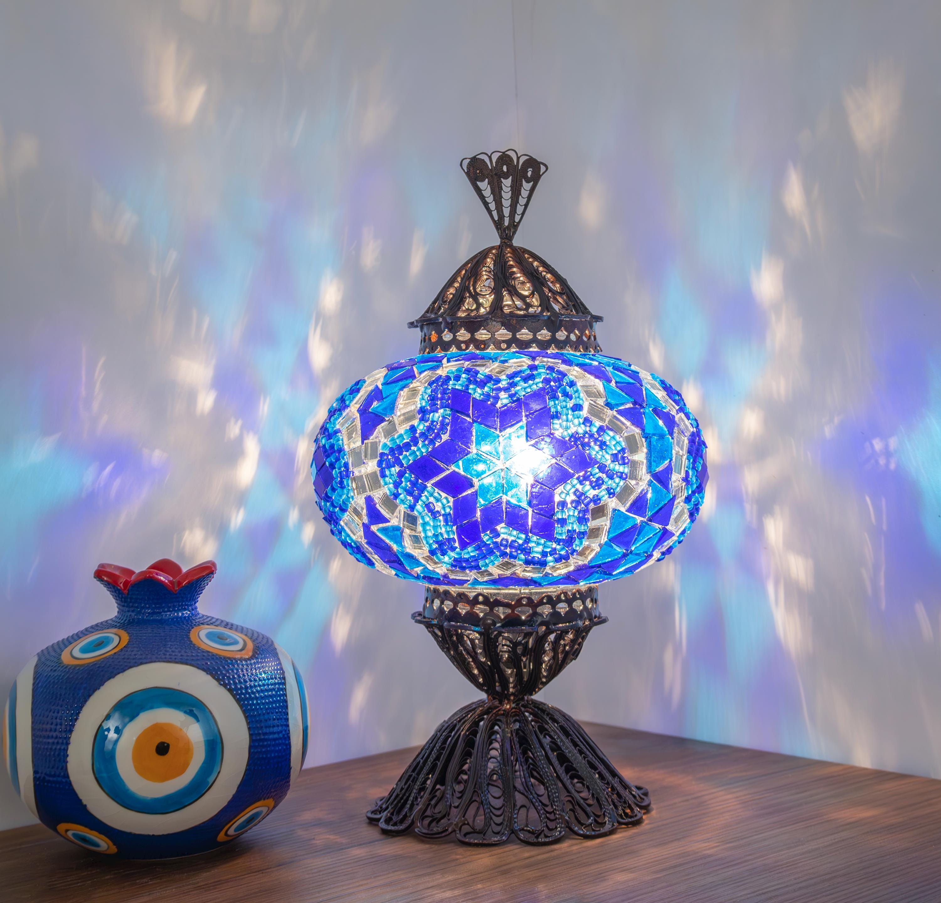 ティファニーブルー 壁掛け鏡 陶器 円形ミラー アンティーク　インテリア雑貨 Blue Turkish Mosaic Lamp – Copper Filigree, Bohemian Desk Decor - Etsy