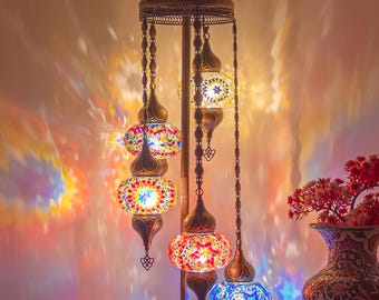Bohemian Turkish Mosaic Floor Lamp - 5 Pendant Cascade With