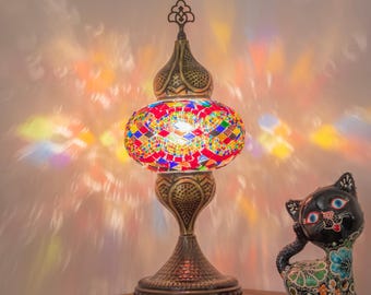 Handmade Turkish Mosaic Table Lamp - Rainbow Glass, Boho Aesthetic, Brass Base, Nightstand or Bedside Lamp, Perfect Housewarming Gift