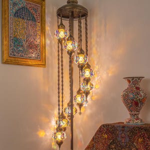 Vibrant Nine Globe Turkish Mosaic Floor Lamp - Handcrafted Multicolored Bohemian Lamp with Amber Accents