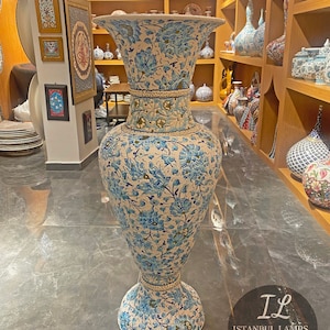 Vaso decorativo de cerâmica turco branco/azul feito à mão | Decoração para casa | Arte em cerâmica
