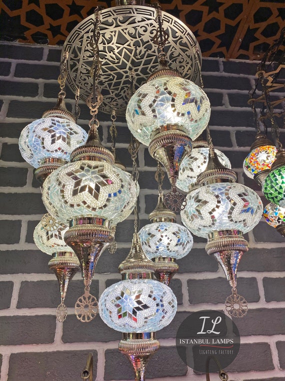 Turkish Chandelier, Turkish Lamp, 4 Globe Mosaic Pendant Lamp, Turkish Ceiling Lamp, Hanging Light, New Design
