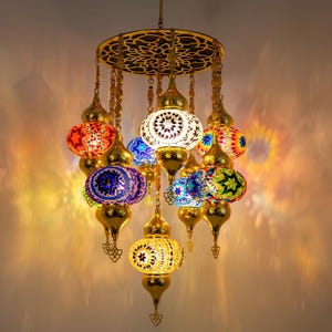 Turkish Mosaic Chandelier – Moroccan Hanging Lights for Dining Room, Living Room, Kitchen Island, and Ceiling Decor
