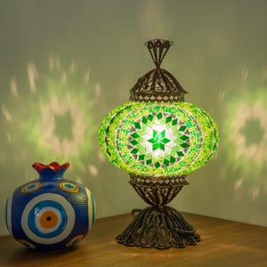Green Turkish Mosaic Lamp - Murano Glass Inspired Bohemian Desk Lamp for Ambient Lighting and Bedroom Decor