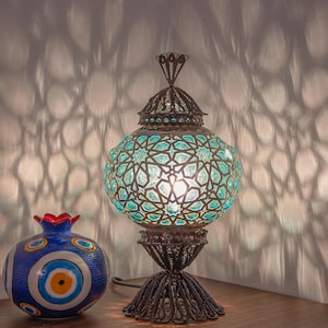 Green Handblown Glass Turkish Lamp - Bohemian Copper Lamp for Home Decor, Ambient Lighting, and Housewarming Gift