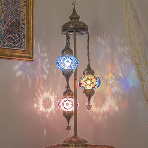 Three-Globe Turkish Mosaic Floor Lamp with Mixed Patterns | Moroccan Lamp, Eclectic Home Decor, Standing Lamp, Bohemian Lighting