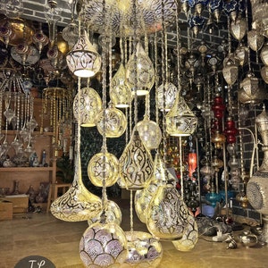 Exquisite Silver Moroccan/Turkish Brass Chandelier - Illuminating Elegance for Your Space