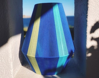 Woven Yarn Pendant, Large Blue Macrame Lampshade, Ceiling Strand Lamp, 19 inch Handweaved suspension Lantern, Restaurant Lighting