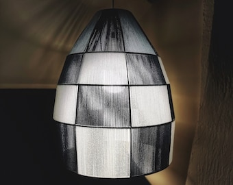 Large Woven String Lampshade, Bell 19 inch Pendant Abat jour, Checkered Yarn suspension shade, Black and White bohemian ceiling Light