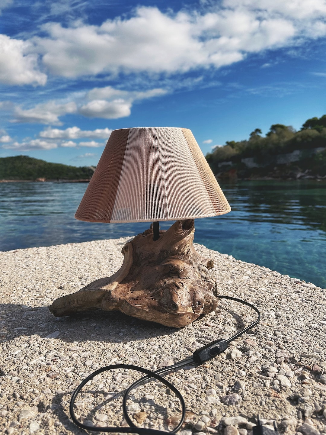 Driftwood Desk Lamp With Handwoven Yarn Shade Bedside Light Etsy