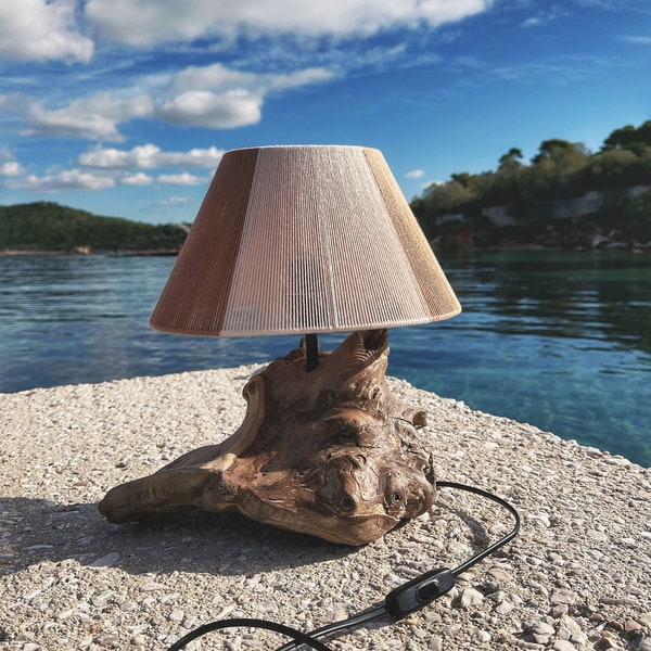 Driftwood desk Lamp with handwoven yarn shade, bedside light, coastal lamp, beach house decor, Wabi sabi lamp, Japandi neutral decor