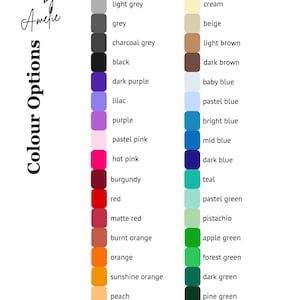 Puede incluir: Una carta de colores con una variedad de opciones, incluyendo blanco, gris, negro, morado, rosa, rojo, naranja y amarillo. La carta tambi&eacute;n incluye tonos pastel y oscuros de azul, verde y marr&oacute;n. Se muestra el texto "Colour Options".