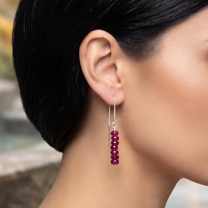 Natural Red Ruby Beaded Threader Earrings, 925 Sterling Silver Dangle Drop Handmade Minimalist Jewelry, A+++ Elegant Wedding Gift For Women