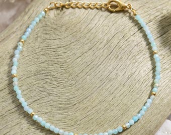 A++ Natural Dainty Blue Larimar Crystal & Gold Filled Beaded Bracelet, Faceted Round 2-3 mm Gemstone 6-8" Bracelet, Handmade Women Jewellery